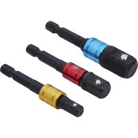 BlueSpot 3 Piece Colour Coded 1/4" Hex Impact Socket Adaptor Set with blue, red, and yellow metal bands.