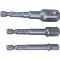 Bluespot 3 Piece Hex Shank Socket Adaptor Set, silver steel with varying lengths and hexagonal ends for drill use.