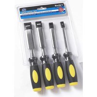 BlueSpot 4 Piece Wood Chisel Set with black and yellow ergonomic handles in clear plastic packaging.