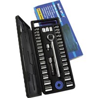Black BlueSpot 40 piece hex socket set with ratchet handle in a hard plastic case, includes metric and imperial sizes.