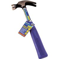 BlueSpot claw hammer with a metallic head and blue rubber grip handle, attached product tag.