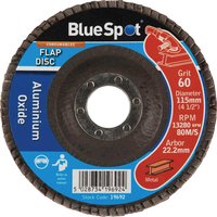 "BlueSpot Flap Disc 115mm with blue label, aluminum oxide, grit 60, and brown abrasive flaps around the edge"