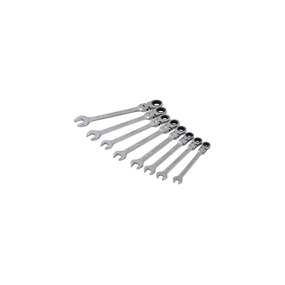 Eight-piece flexible head ratchet set in silver chrome finish, featuring various sizes of wrenches with a ratcheting mechanism for easy use.