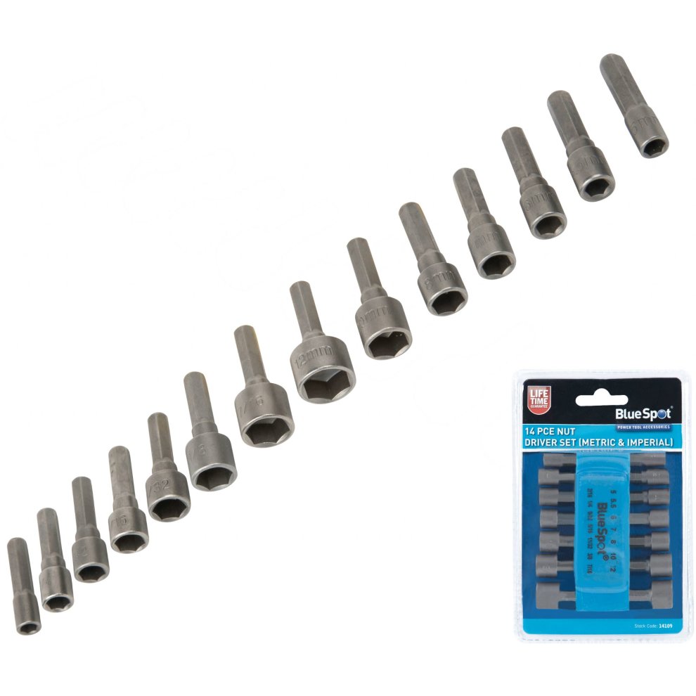 14-piece metric and imperial nut driver set featuring chrome vanadium steel sockets in various sizes, arranged in a row, with a blue and white packaging displayed on the side.