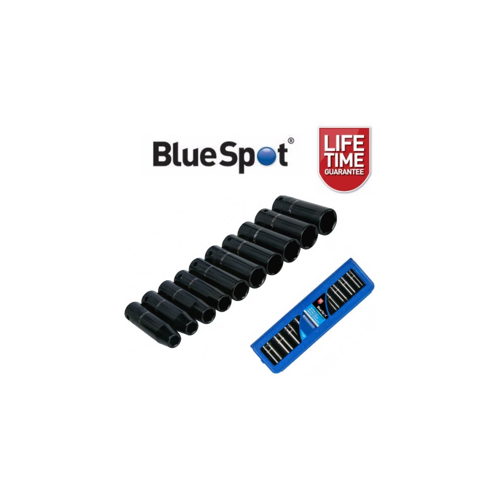 Black metric deep impact sockets ranging from 10-24mm arranged on a blue holder, with the BlueSpot logo and a lifetime guarantee badge visible.