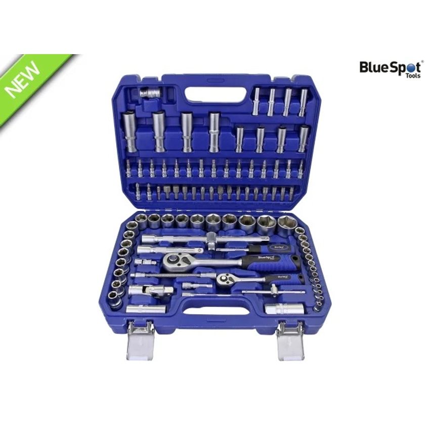 BlueSpot 94 Piece Combination Drive Socket Set in a blue plastic case, featuring various chrome vanadium sockets, ratchet, and accessories neatly organized with a handle for portability.