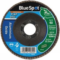 BlueSpot sanding flap disc, 115mm, 40 grit, brown abrasive flaps, blue label with product details and metal use icon.