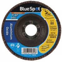 BlueSpot Tools sanding flap disc 115mm, 80 grit, with brown abrasive flaps and blue label detailing specifications.