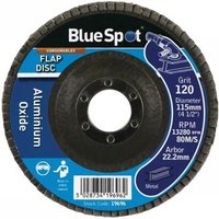 BlueSpot sanding flap disc, 115mm, 120 grit, black abrasive flaps, blue label with product details and aluminum oxide text.