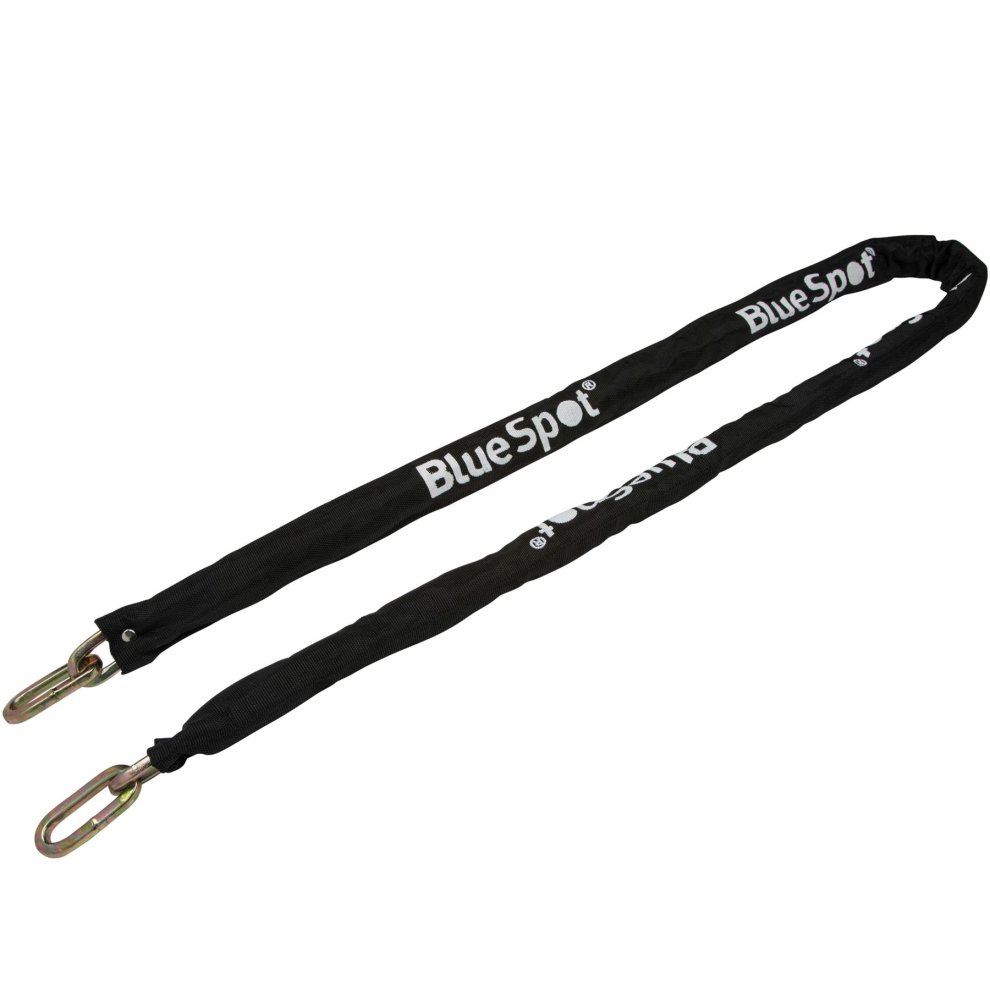 BlueSpot Tools 77080 square link chain, 6ft long, 10mm thick, featuring a black protective cover with white branding and sturdy metal clips on both ends.