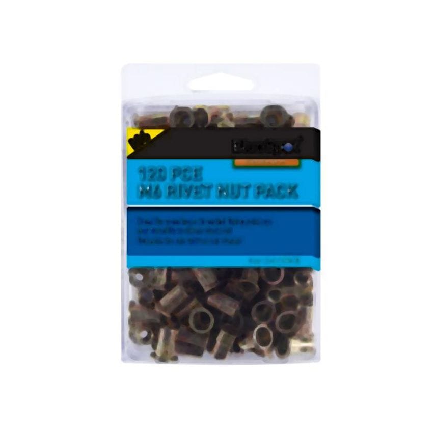 Bluespot 86 Piece Nut Riveter Kit in a clear plastic packaging, featuring various metal rivet nuts in bronze and gold tones, labeled for easy identification.