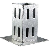 Galvanised Timco bolt down fence post shoe with slotted sides and square base plate with four corner holes.