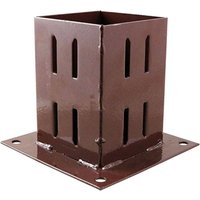 Bolt Down Fence Post Shoe, oxide powder coated, brown finish, square base with four bolt holes and vertical slots.