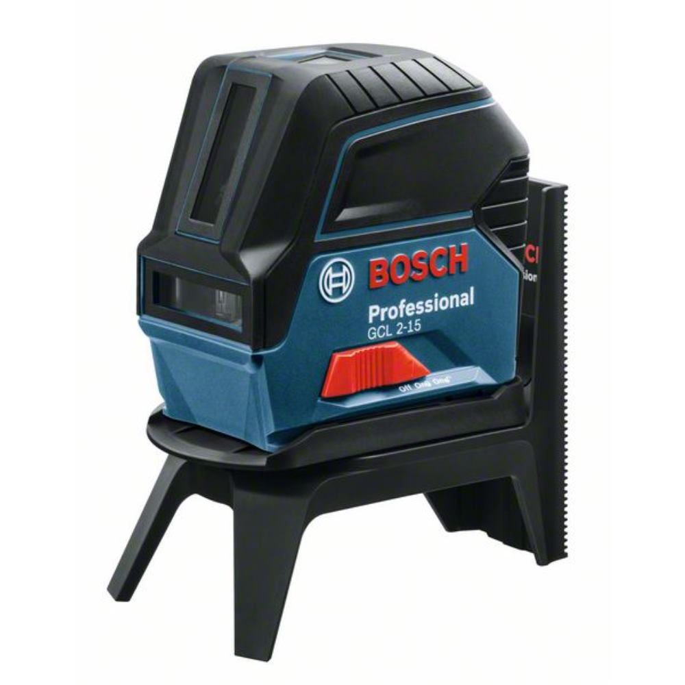 Bosch GCL 2-15 Professional Combi Laser in black and blue plastic, featuring a clear laser window, adjustable stand, and marked with the Bosch logo.
