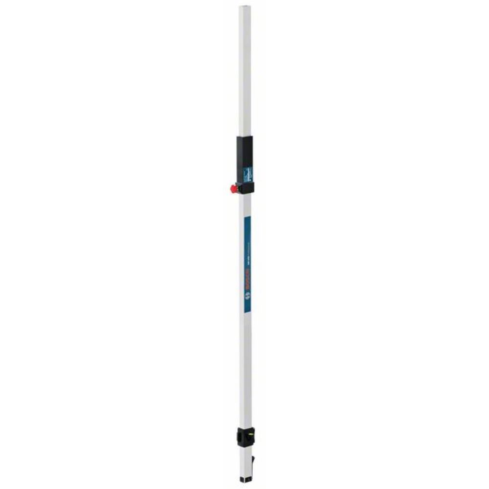 Bosch GR 240 Cut and Fill Rod, 240cm long, features a white aluminum body with a black adjustable clamp and red locking mechanism for precise measurements.