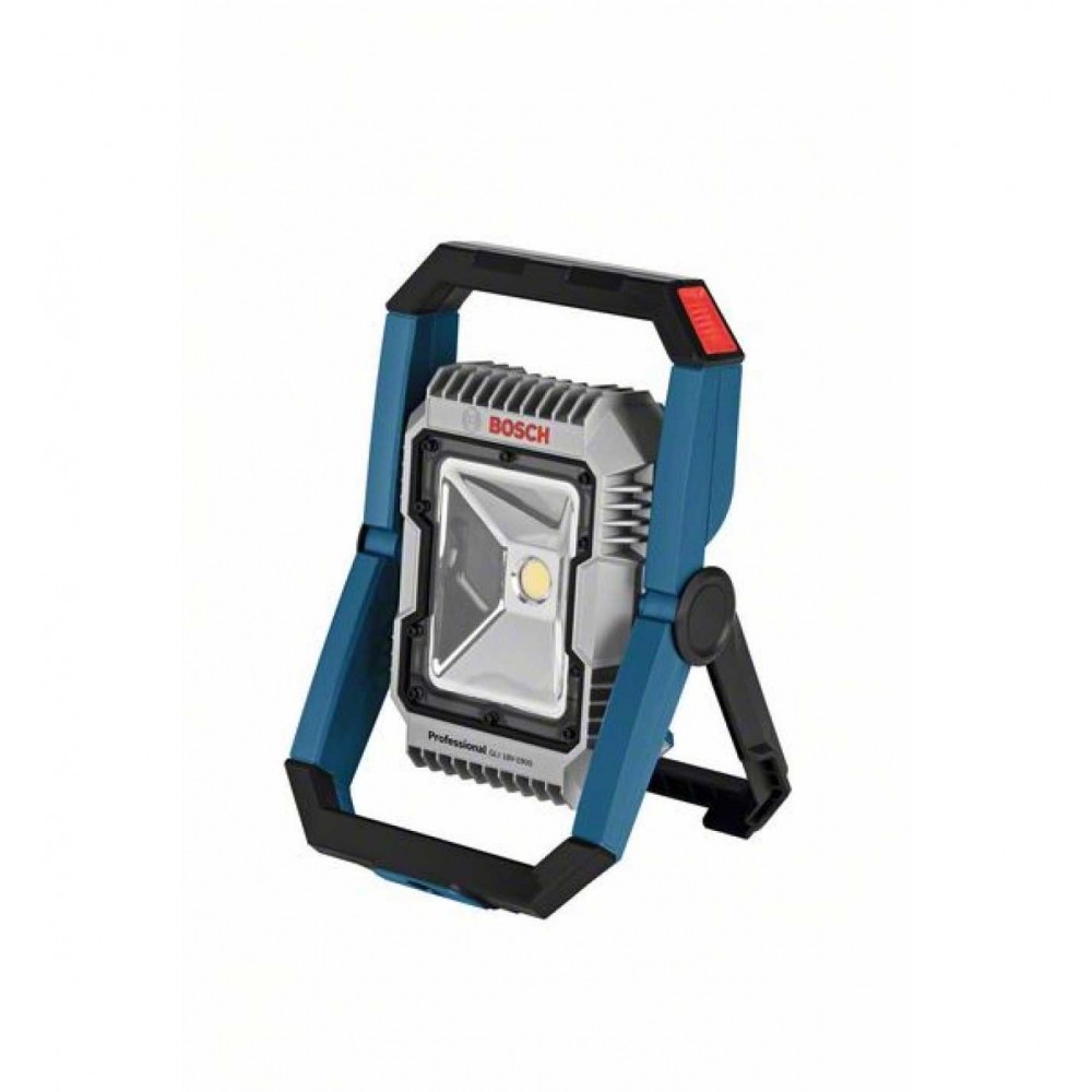 Cordless jobsite light in blue and gray, featuring a sturdy handle, adjustable stand, and a bright LED panel, designed for versatility and portability in various work environments.