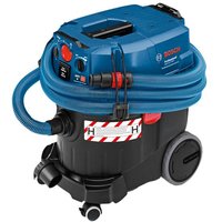Blue and black Bosch wet & dry vacuum with red controls, large wheels, and coiled hose on top.