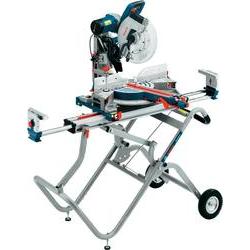 Bosch GTA 2500W Universal Mitre Saw Stand features a sturdy metal frame, adjustable supports, and wheels for mobility, designed for use with mitre saws, showcasing a blue and silver color scheme.