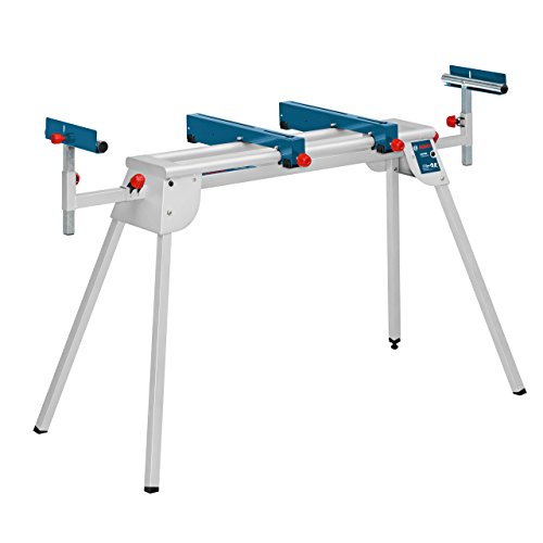 Bosch GTA 2600 Universal Mitre Saw Stand features a sturdy aluminum frame, adjustable support arms, and red locking knobs, ideal for stable and versatile cutting setups.