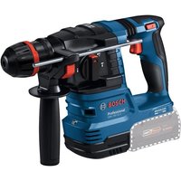 Blue Bosch rotary hammer with black grip, red accents, and side handle, 18V cordless design.