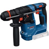 Blue Bosch rotary hammer with black handle, red accents, and 18V battery slot, featuring a side grip handle.