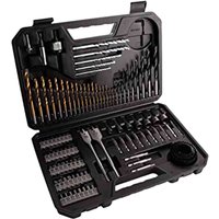 Bosch 103 piece drill and screwdriver bit set in a black plastic case with organized compartments and various metal bits.