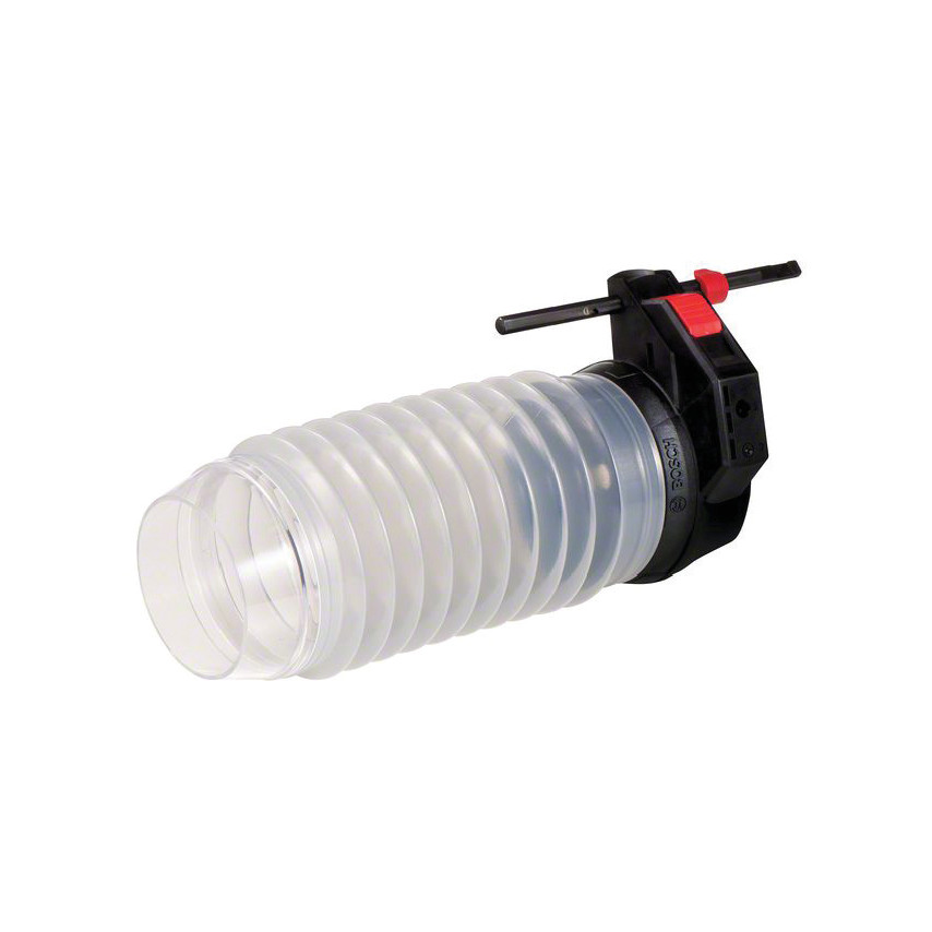 Clear plastic dust collector cup with a ribbed design, black plastic connector, and a red lever for easy attachment, designed for efficient dust collection.