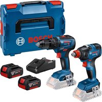 Bosch blue cordless drill and impact driver kit with two batteries, charger, and blue carrying case.