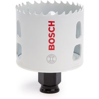 White Bosch hole saw with jagged edge, red logo, and black base, designed for metal and wood cutting.