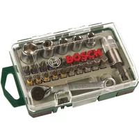 Bosch 27Pc Mini Ratchet Set in clear plastic case with various bits, sockets, and a compact ratchet tool.