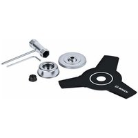 Bosch brushcutter blade kit with black three-pronged blade, silver mounting hardware, and wrench.