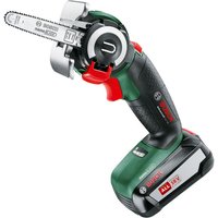 Bosch cordless NanoBlade saw with green and black handle, red accents, and 2.5Ah battery.
