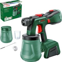 Bosch green cordless paint spray system with black handle, red trigger, and detachable paint container.