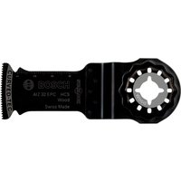 Black Bosch AIZ 32 EPC Starlock plunge cut wood blade with toothed edge and circular mounting hole.