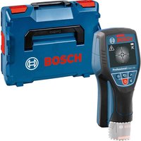 Bosch D-Tect 120 blue cordless wall scanner with digital display, buttons, and rugged carrying case.