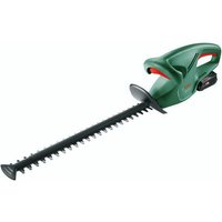 Green Bosch cordless hedgecutter with black blade, ergonomic handle, 2Ah battery, and charger.