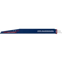 Blue Bosch reciprocating saw blade with sharp teeth and white text, designed for cutting metal embedded wood.