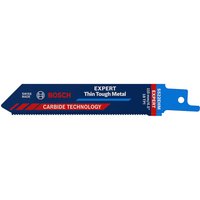 Blue Bosch Expert S522EHM reciprocating saw blade with carbide teeth and "Thin Tough Metal" label.