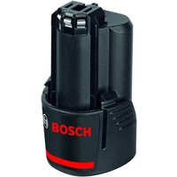 Black Bosch 12V 2.0 Ah battery with red logo, compact cylindrical design, and ribbed grip.