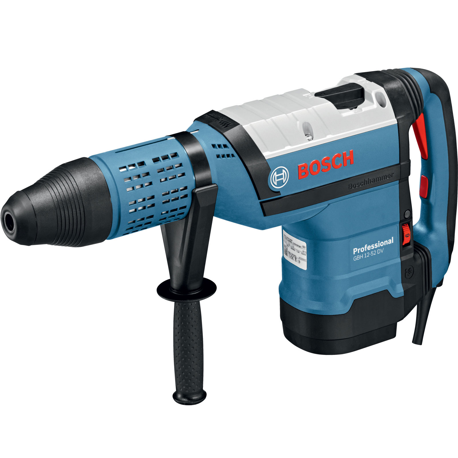 Bosch GBH 12 52 DV SDS Max Rotary Hammer Drill features a blue and gray body, ergonomic handle, and a powerful drill bit attachment for heavy-duty drilling tasks.