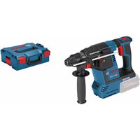 Blue Bosch SDS+ hammer drill with black grip, red accents, and L-BOXX storage case.