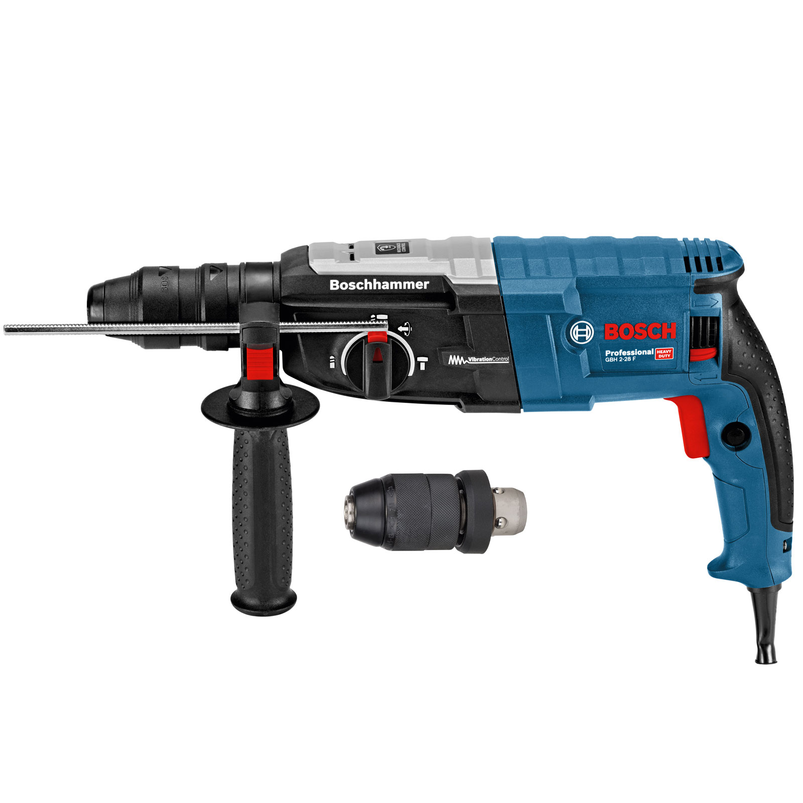 Bosch GBH 2-28 F SDS-Plus rotary hammer in blue and black, featuring a side handle, adjustable speed settings, and a detachable chuck for versatile drilling and chiseling.