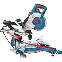 Bosch GCM 8 SDE mitre saw with blue and silver body, red accents, and 216mm circular blade on sliding rail.