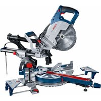 Bosch GCM 8 SJL 216mm sliding compound mitre saw, blue and silver with red accents, 110V power, adjustable base.