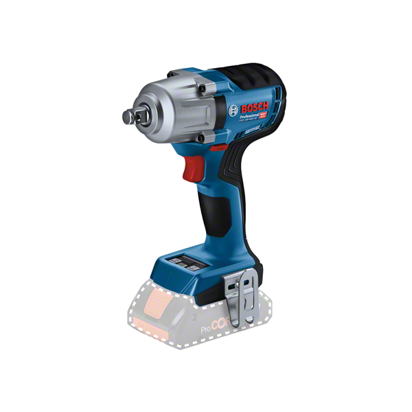 Bosch GDS 18V-450 HC Professional impact wrench features a blue and black design, 1/2 inch drive, and a compact, ergonomic body with a red trigger and integrated battery.