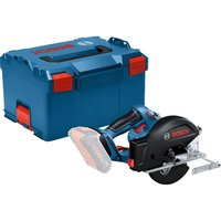 Blue Bosch metal cutting circular saw with black blade guard, red accents, and blue L-BOXX storage case.