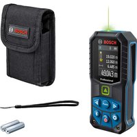 Bosch GLM 50-27 CG green laser measure with black case, blue accents, digital display, and control buttons.