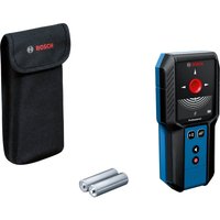 Blue and black Bosch wall detector with digital screen, red button, and carrying case, includes two AA batteries.