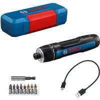 Black and blue Bosch cordless screwdriver with USB cable, 8 colored bits, and a blue and red storage case.