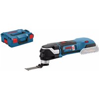 Blue Bosch 12V multi cutter with black grip, silver blade, and red accents, includes blue L-BOXX storage case.